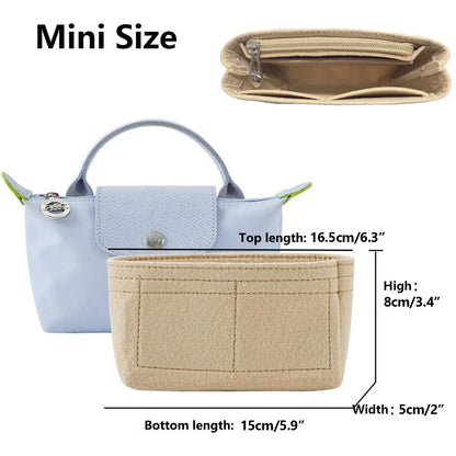 Bag Organizer for Longchamp Small Tote Bag Timid Bag Storage & Finishing Inner Bag Liner Handbags Insert Organizer Fit Mini Size with Zipper and Multiple Pockets
