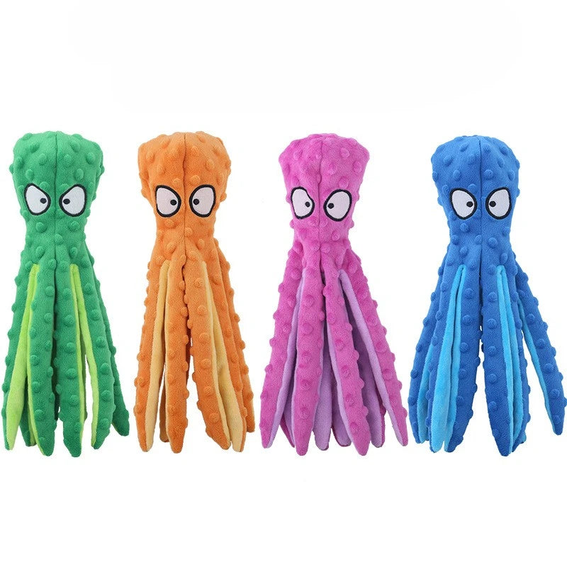 interactive plush octopus dog toy, sturdy fleece chew with squeaker, durable bite-resistant for puppies, fun play in blue, green, orange, purple - mental & physical stimulation