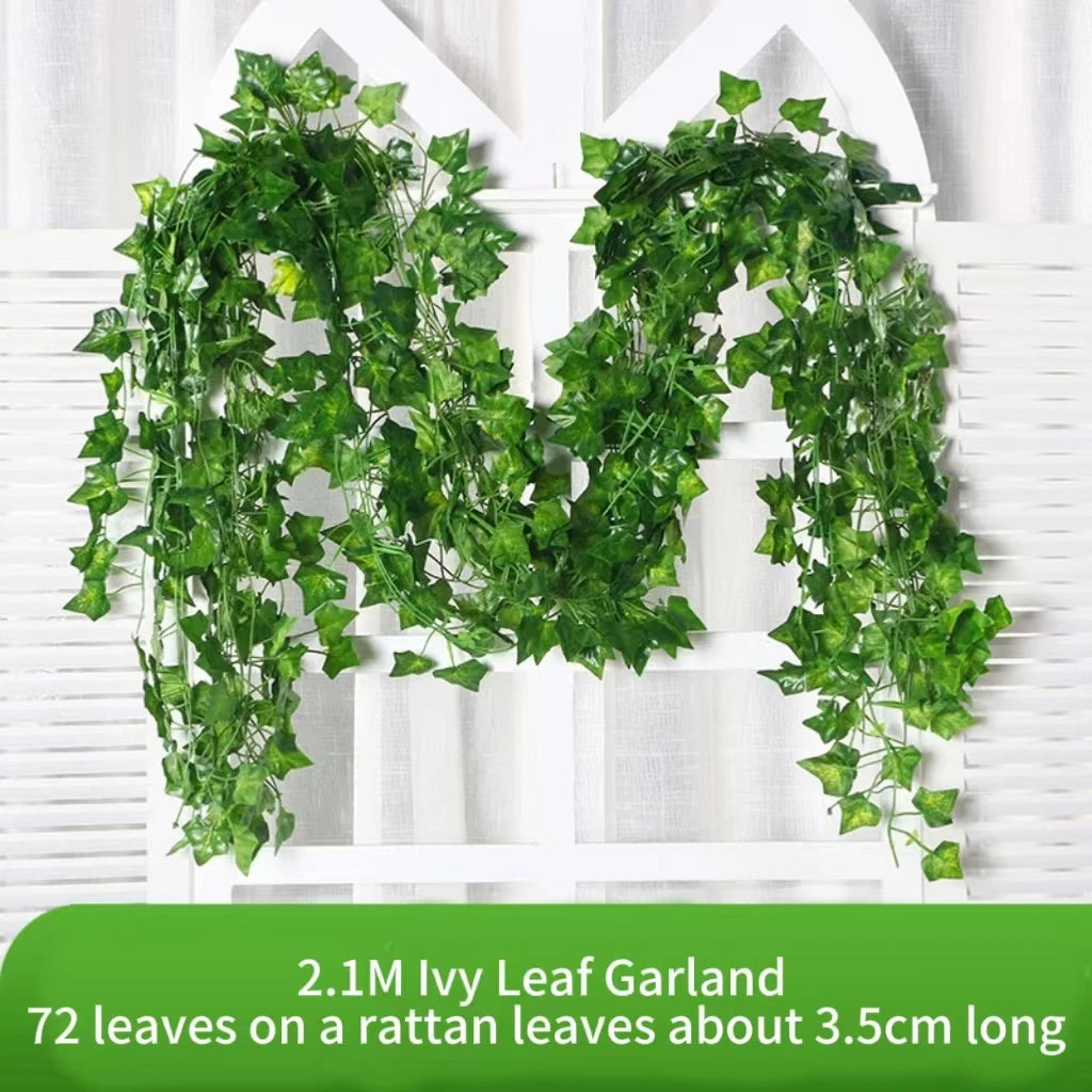 artificial green ivy leaf vine garland, silk hanging decoration, 2.1m length, home garden decor, wedding party display, outdoor use, diy crafts, wall accent