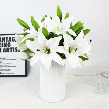 Artificial White Lily Bouquet 38cm | Real Touch PVC Flowers for Home, Wedding, Party Decor | Elegant Five-Piece Indoor Arrangement | Long-Lasting Realistic Design