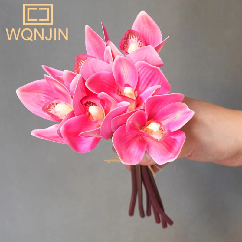 artificial orchid bouquet, 6pcs - real touch cymbidium flowers for home decor, wedding bridal bouquets, table centerpieces, photography props - indoor use, non-woven fabric