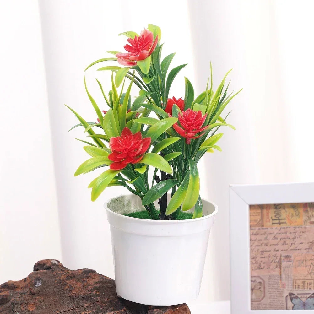 vibrant artificial bonsai with multicolour flowers | plastic decor for home, office, garden display | red, purple, pink, orange, yellow | 13x18cm table ornament