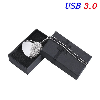 USB 3.0 Metal Diamond Crystal Heart Pink Box USB Flash Drive 16GB 32GB 64GB 128GB Memory Stick Thumb Drive Creative Gift U Disk