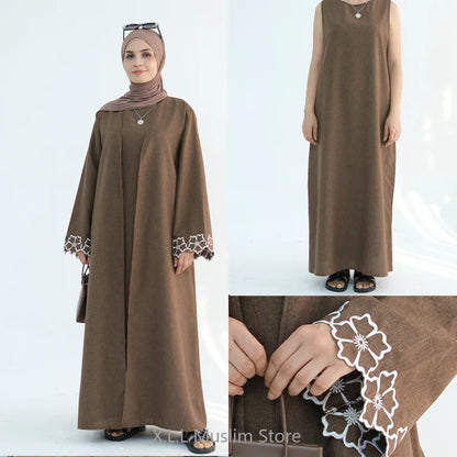 Eid Ramadan Turkey Morocco Islamic Coffee Gray Embroidery Abaya Dubai Luxury Muslim Flower Elegant Cardigan Robe Clothing for Women