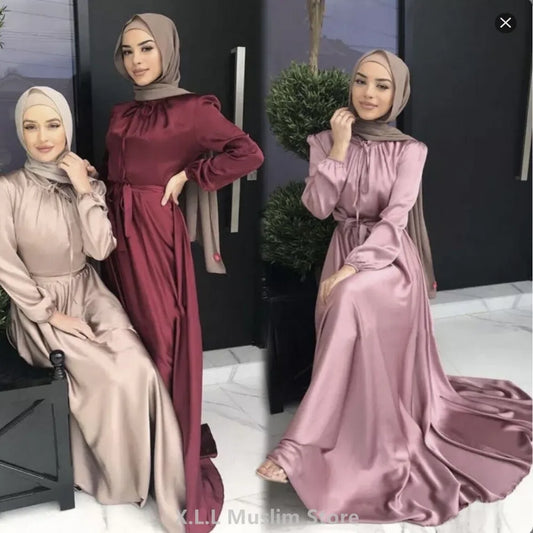 Muslim Women Abaya Dubai Luxury Dress Evening Long Satin Robe - Elegant Modest Wear for Special Occasions, Comfortable Fit, Available in Multiple Colors and Sizes S to XXL