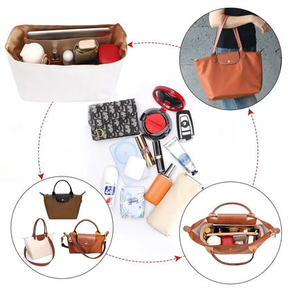 Dupont Felt Insert Bag Fits For Longchamp Handbag Liner Bag Felt Cloth Makeup Bag Support Travel Portable Insert Purse Organizer Tote Insert for Neat Storage and Shape