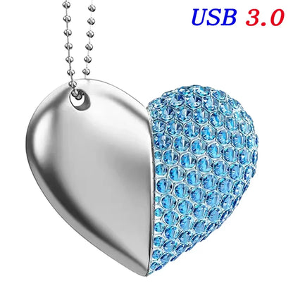 USB 3.0 Heart Necklace Flash Drive 64GB - Stylish Crystal & Metal Memory Stick in Gold, Silver, Blue, Pink, Green - Perfect for Wedding, Creative or Business Gifts