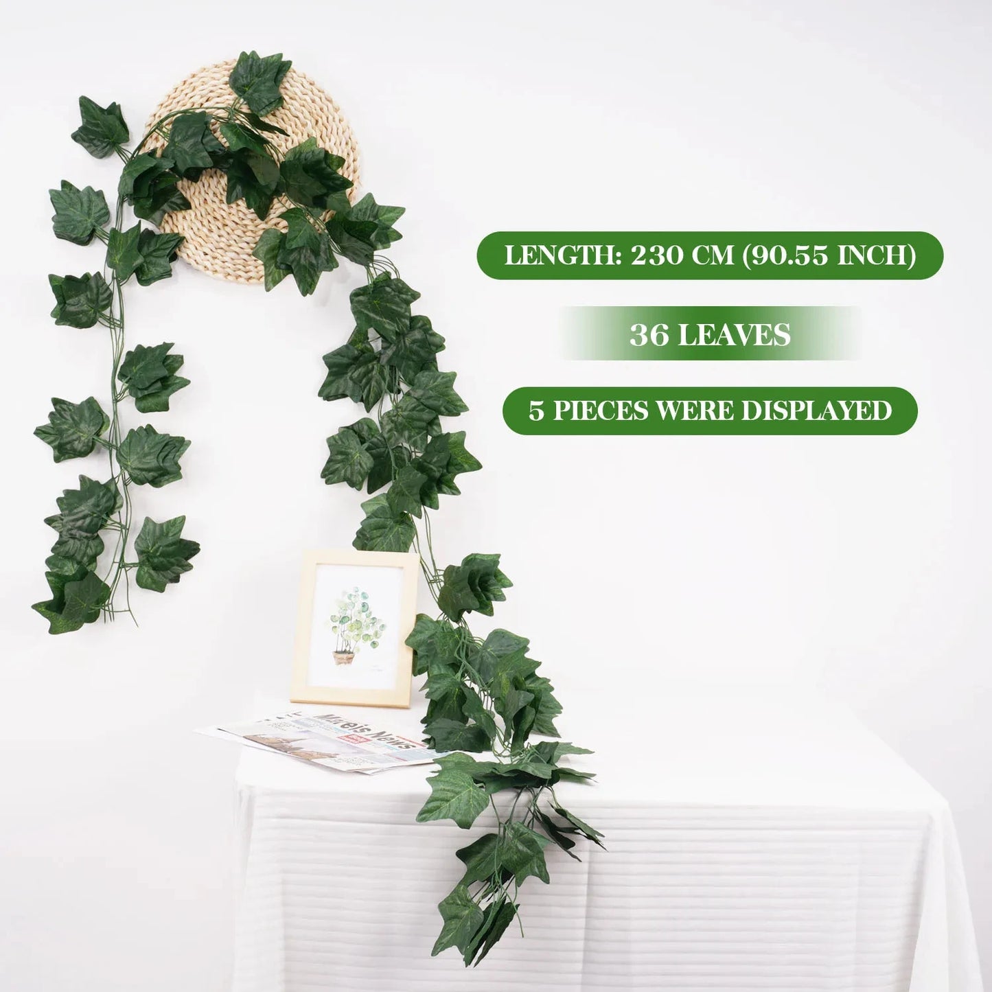 artificial green ivy leaf vine garland, silk hanging decoration, 2.1m length, home garden decor, wedding party display, outdoor use, diy crafts, wall accent