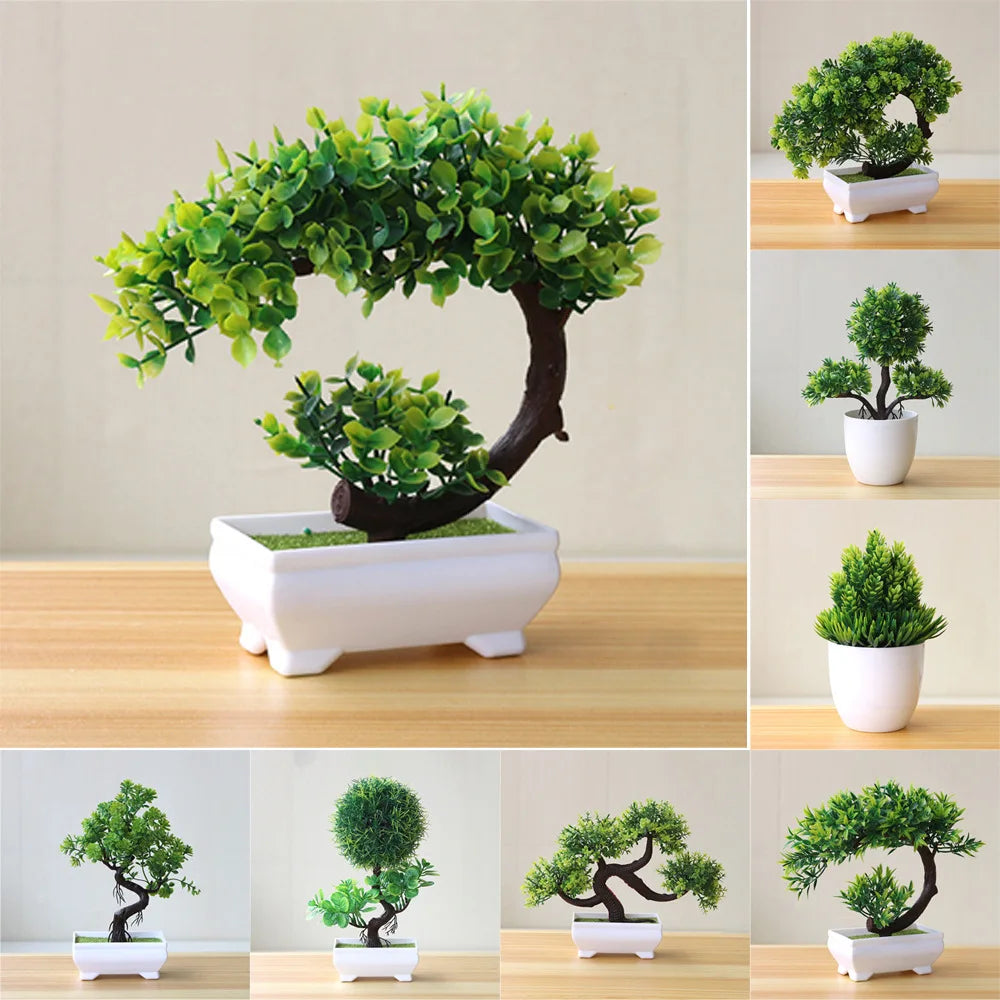 green artificial bonsai plants - small tree grass and flowers in pot, indoor outdoor decoration for home, office, wedding, anniversary, exhibition, halloween decor