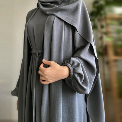 2/3 Piece Set Solid Color Muslim Dress Loose Long Sleeves Abaya Clothing for Women, Modest Fashion, Lightweight Ramadan Outfit, Elegant Prayer Dress with Pockets and Belt