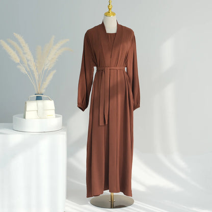 2/3 Piece Set Solid Color Muslim Dress Loose Long Sleeves Abaya Clothing for Women, Modest Fashion, Lightweight Ramadan Outfit, Elegant Prayer Dress with Pockets and Belt