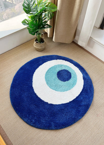 Blue Evil Eyes Circular Tufted Rug Tufting Bedroom Mat Geometric Living Room Carpet Floor Tidy Foot Pad Bedside Doormat Soft Non-Slip Area Rug for Home Decor