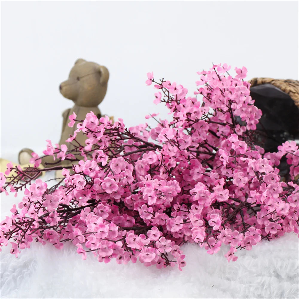 artificial cherry blossom & baby's breath bouquets - gypsophila faux flowers for wedding, anniversary, shower or home indoor decoration, rattan material