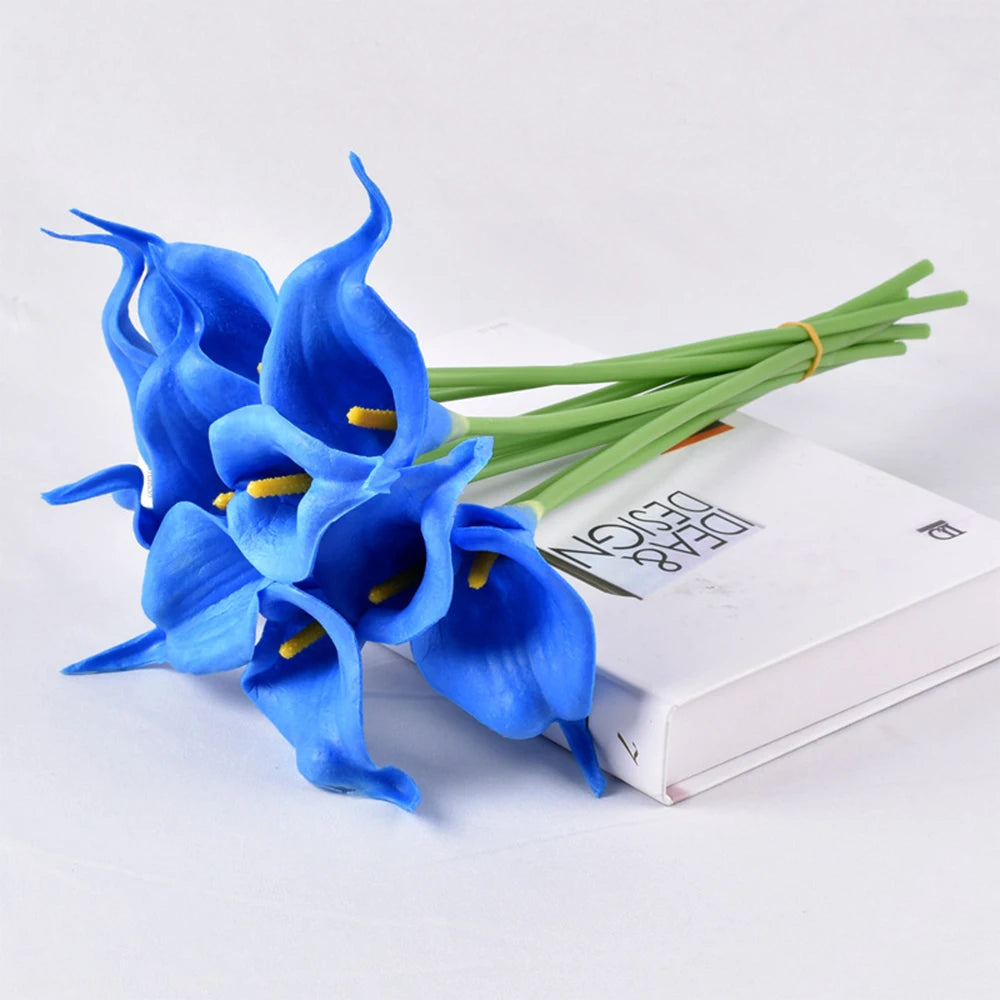 artificial blue calla lily flowers - pu material 34cm for wedding bouquet, table centrepiece, home decor, bridal shower decoration, indoor use, pack of 10/5
