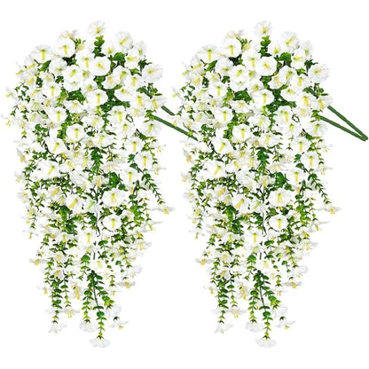 75cm White Crochet Artificial Morning Glory Flowers Wall Hanging Vine, Faux Violet Plant for Home, Garden, Wedding and Outdoor Decoration (2pcs)