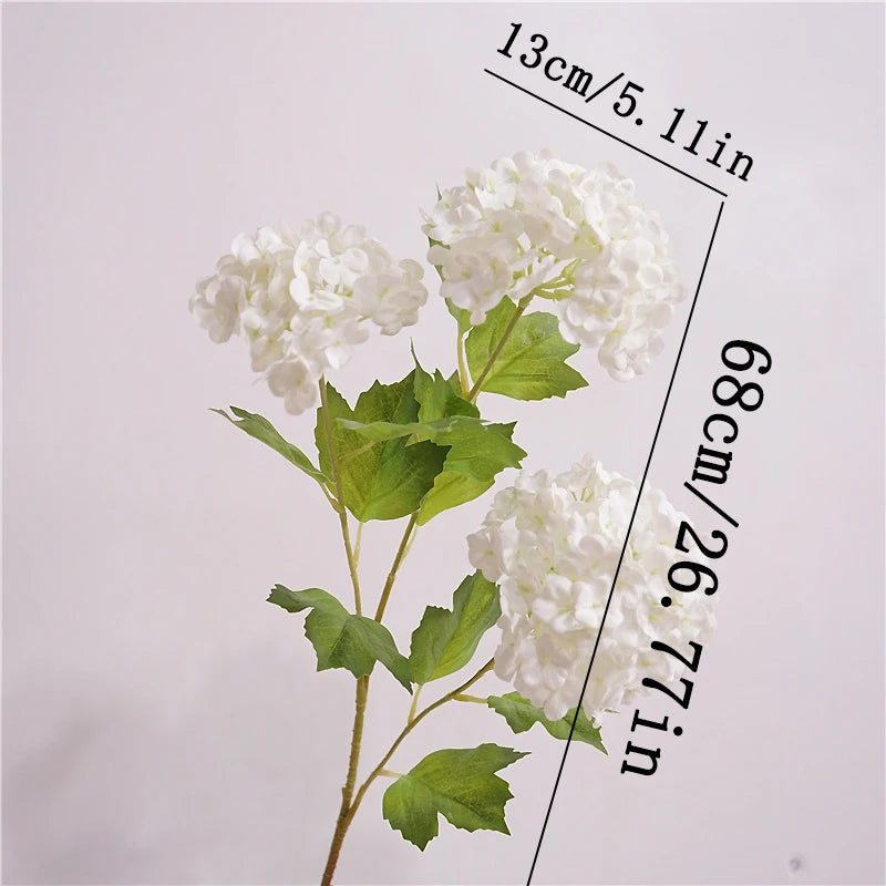 artificial flowers real touch hydrangea branch, 3 heads with green leaves, silk decoration for wedding, home, room, anniversaries, indoor event decor, elegant floral arrangement