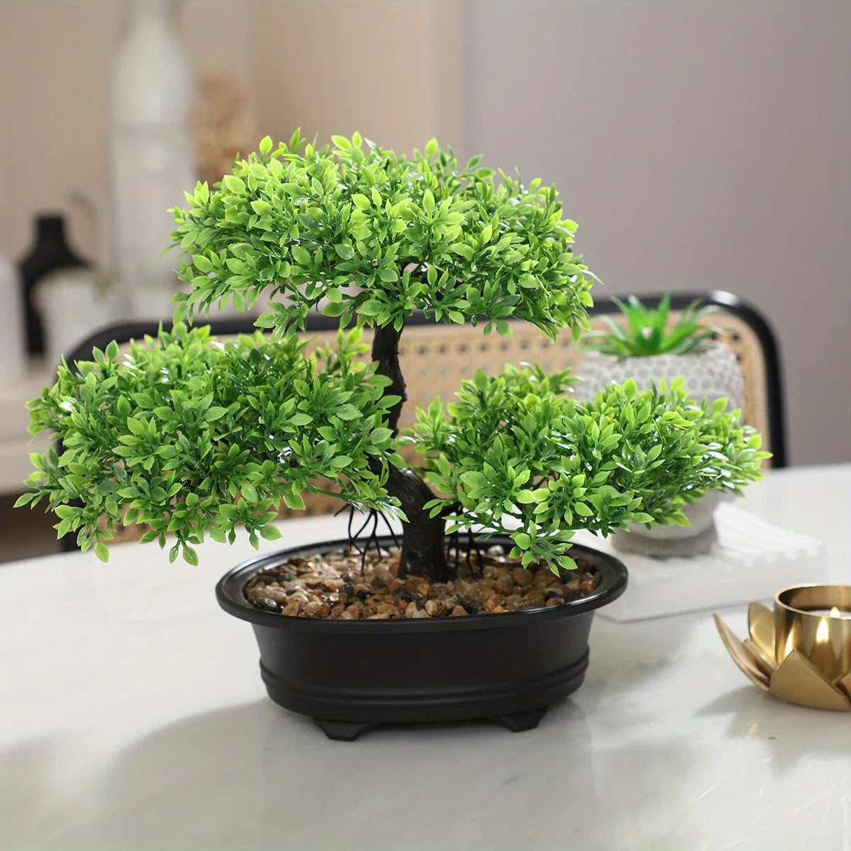 artificial bonsai tree decor with black planter - zen garden accent for home, office, party - durable plastic material for indoor and outdoor display