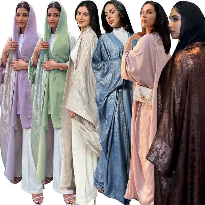shiny satin batwing abaya caftan femme open abayas luxury kaftan for women dubai turkey kebaya outfit robe clothing musulmane - elegant and stylish fashion