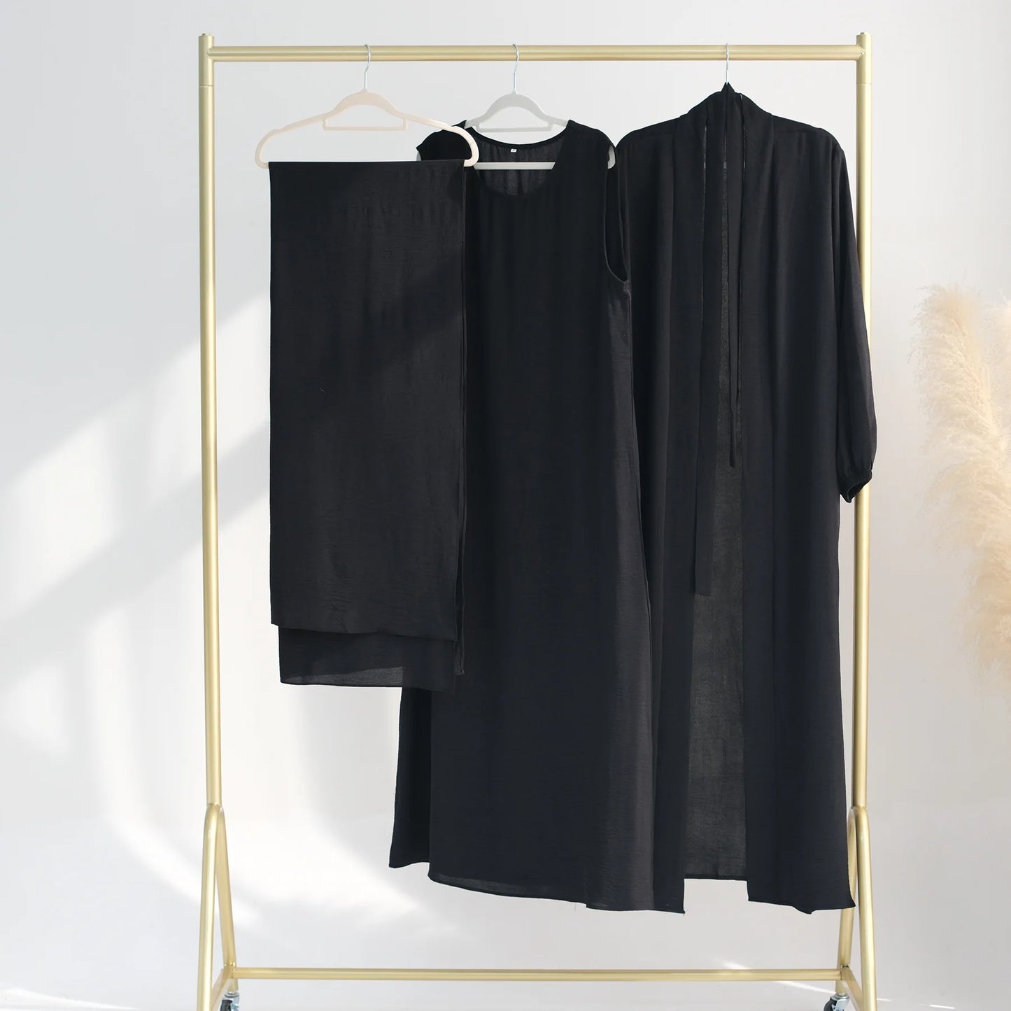 2/3 piece set solid color muslim dress loose long sleeves abaya clothing for women, modest fashion, lightweight ramadan outfit, elegant prayer dress with pockets and belt