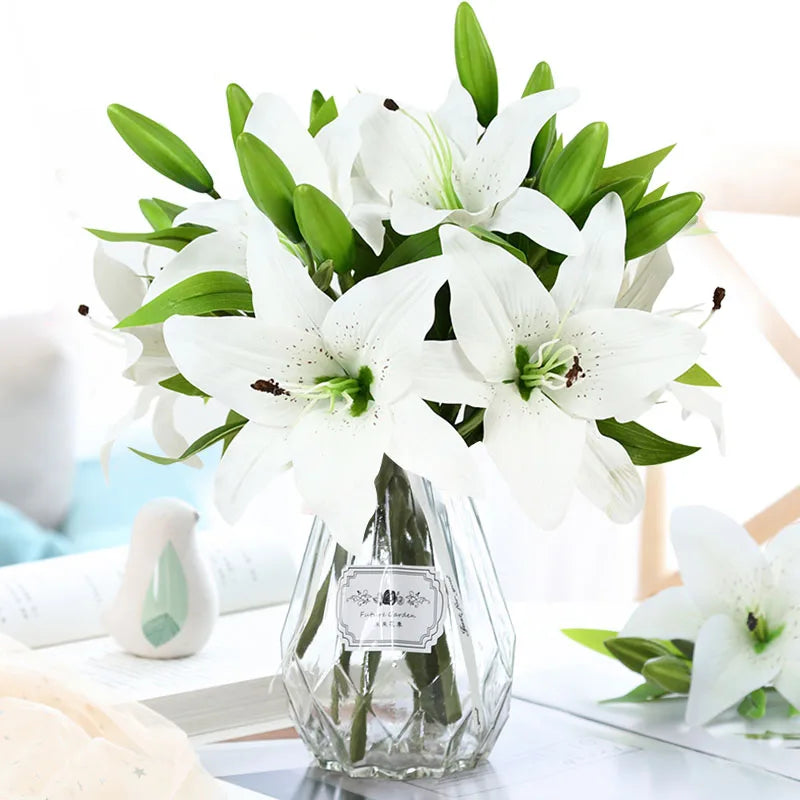 artificial white lily bouquet 38cm | real touch pvc flowers for home, wedding, party decor | elegant five-piece indoor arrangement | long-lasting realistic design