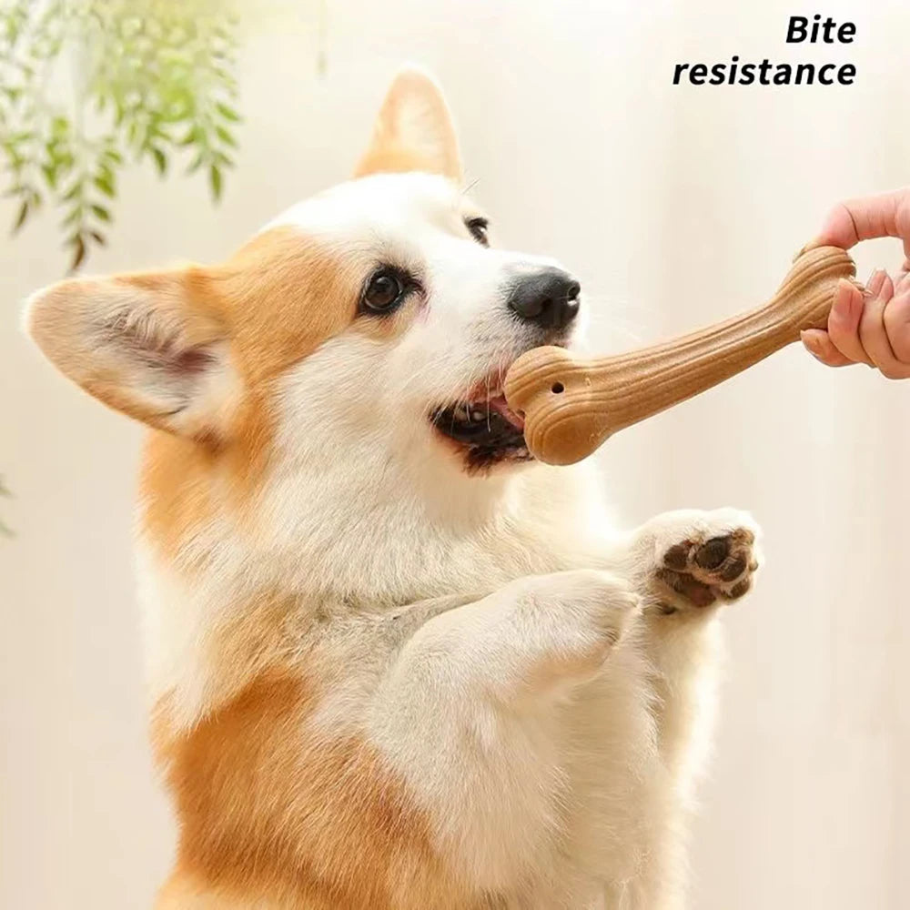 durable dog chew toy stick, bite-resistant, pine wood look, bone shape, cleans teeth, dental aid, lightweight, ideal for all dog sizes, fun exercise & mental stimulation