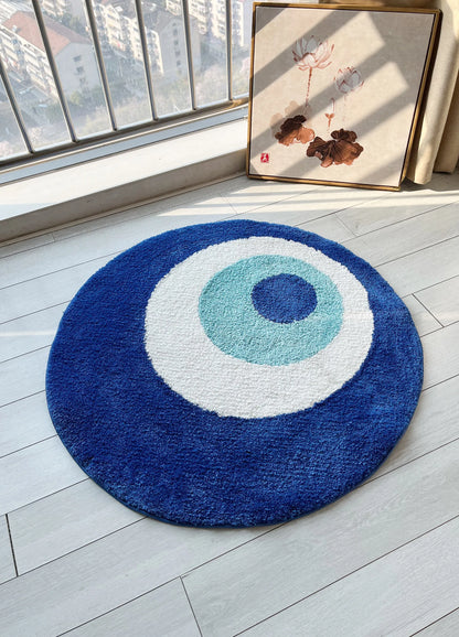 Blue Evil Eyes Circular Tufted Rug Tufting Bedroom Mat Geometric Living Room Carpet Floor Tidy Foot Pad Bedside Doormat Soft Non-Slip Area Rug for Home Decor