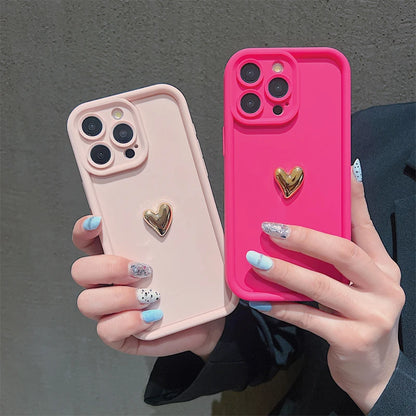 3D Gold Heart Silicone Soft Phone Case - Shockproof Candy Matte Cover for iPhone 14/15/16 Plus, Pro, Max