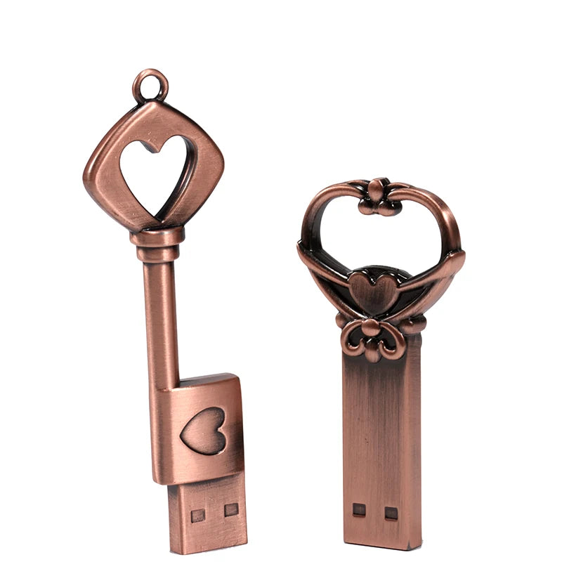 heart shaped copper usb flash drive 128gb | retro style metal memory stick | 64gb love heart key design | creative storage gift | usb 2.0 external data pen drive