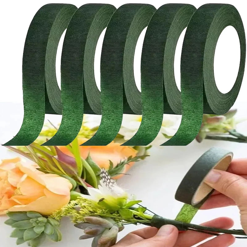 artificial flower tape for floral stem wrapping, self-adhesive green tape for bouquets, weddings, crafts, versatile floral arrangements, paper material, multiple occasions