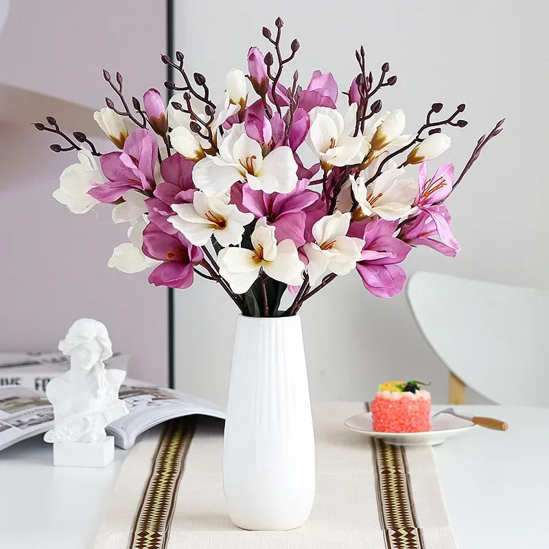 artificial magnolia flower bouquet, 5 branches 20 blooms, realistic non-woven fabric, home decor, wedding centerpiece, bridal shower, indoor decoration, low maintenance