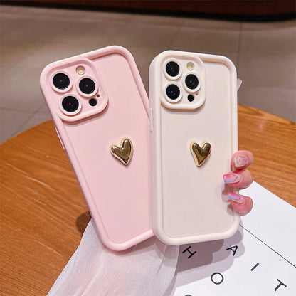 3D Gold Heart Silicone Soft Phone Case - Shockproof Candy Matte Cover for iPhone 14/15/16 Plus, Pro, Max