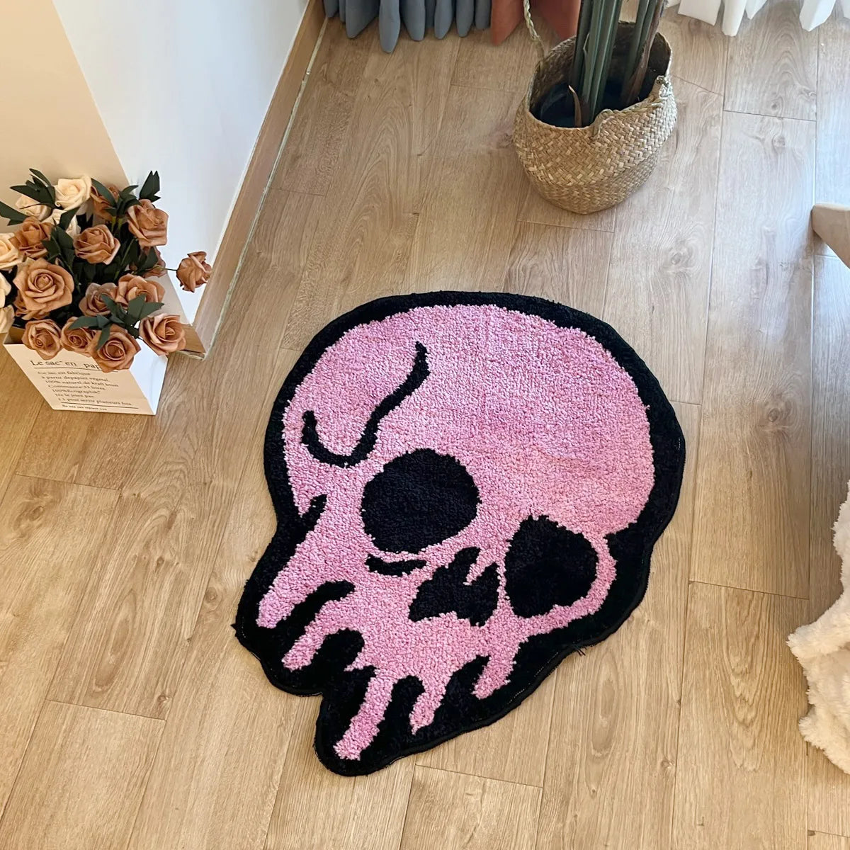 pink melted skull tufted rug entrance mat aesthetic home art decor anti dust carpet area floor pad welcome doormat for hallway and entryway