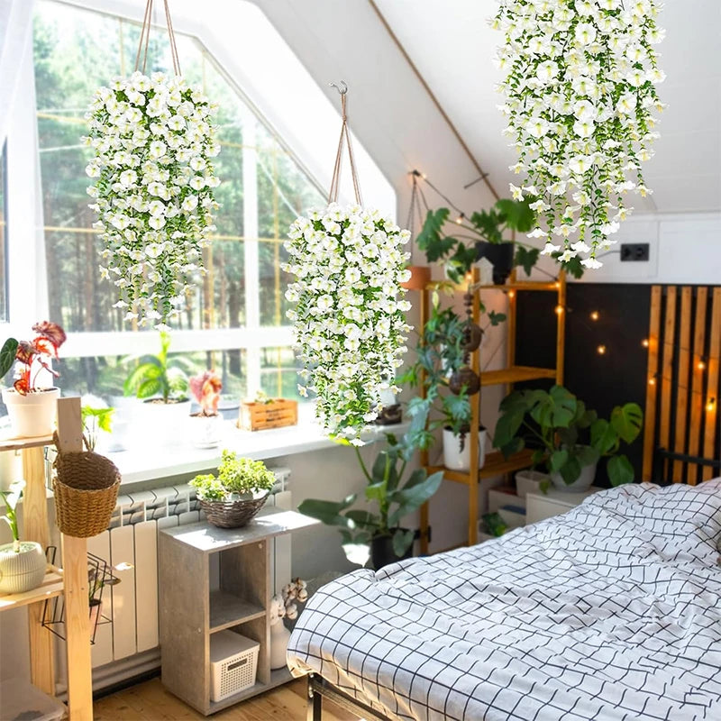 75cm white artificial morning glory hanging vine, faux silk flowers for home, garden & wedding decor, indoor outdoor use, set of 1 or 2