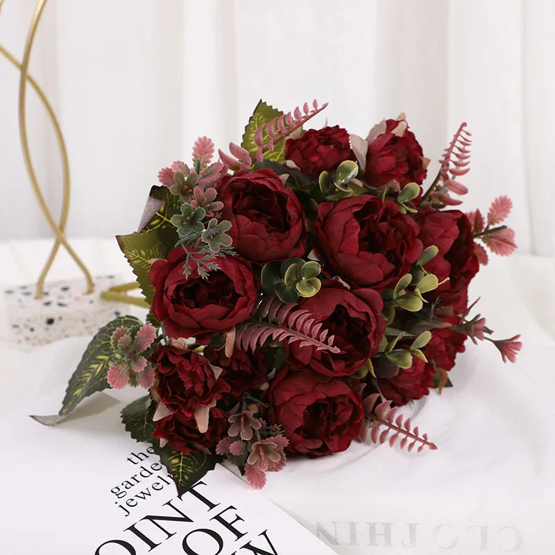 silk peony artificial flowers bouquet, 30cm decorative faux floral arrangement, indoor peonies for home, wedding, bridal shower, party, hotel table and vase décor