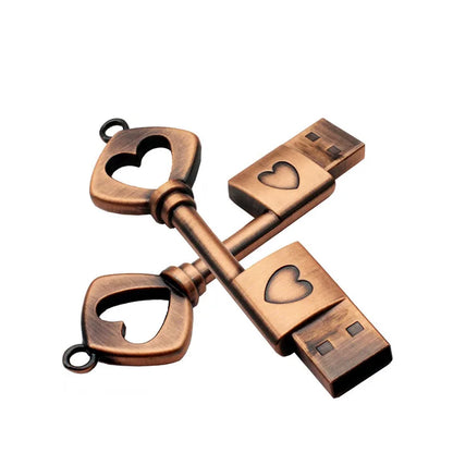 Heart Shaped Copper USB Flash Drive 128GB | Retro Style Metal Memory Stick | 64GB Love Heart Key Design | Creative Storage Gift | USB 2.0 External Data Pen Drive