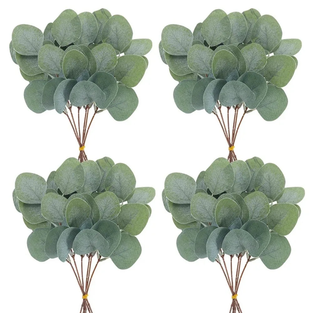 artificial eucalyptus leaf stems, silk greenery for home decor, bridal shower, wedding centrepieces, hanging displays, outdoor decorations, set of 5
