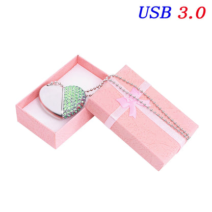 USB 3.0 Metal Diamond Crystal Heart Pink Box USB Flash Drive 16GB 32GB 64GB 128GB Memory Stick Thumb Drive Creative Gift U Disk