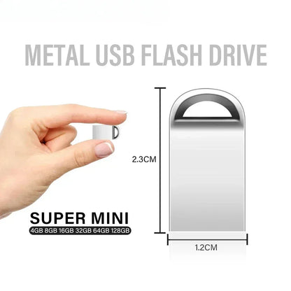 Mini USB Flash Drive - 128GB/64GB/32GB/16GB/8GB, Silver Metal Memory Stick with Keychain, USB 2.0 for Laptop, PC, Car, TV - Ideal Creative Business Gift