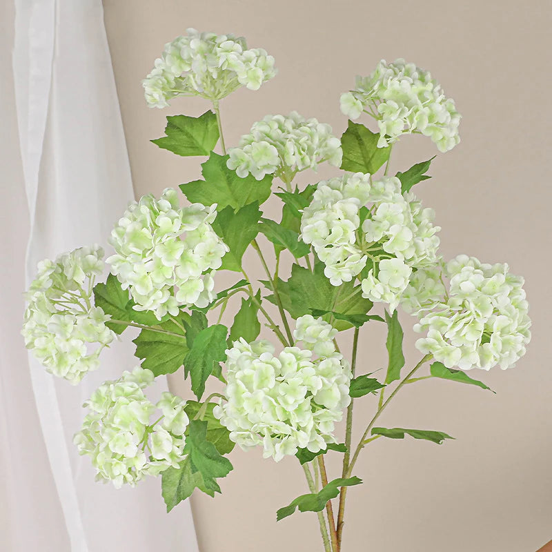 artificial flowers real touch hydrangea branch, 3 heads with green leaves, silk decoration for wedding, home, room, anniversaries, indoor event decor, elegant floral arrangement