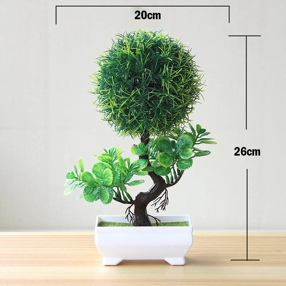 green artificial bonsai plants - small tree grass and flowers in pot, indoor outdoor decoration for home, office, wedding, anniversary, exhibition, halloween decor