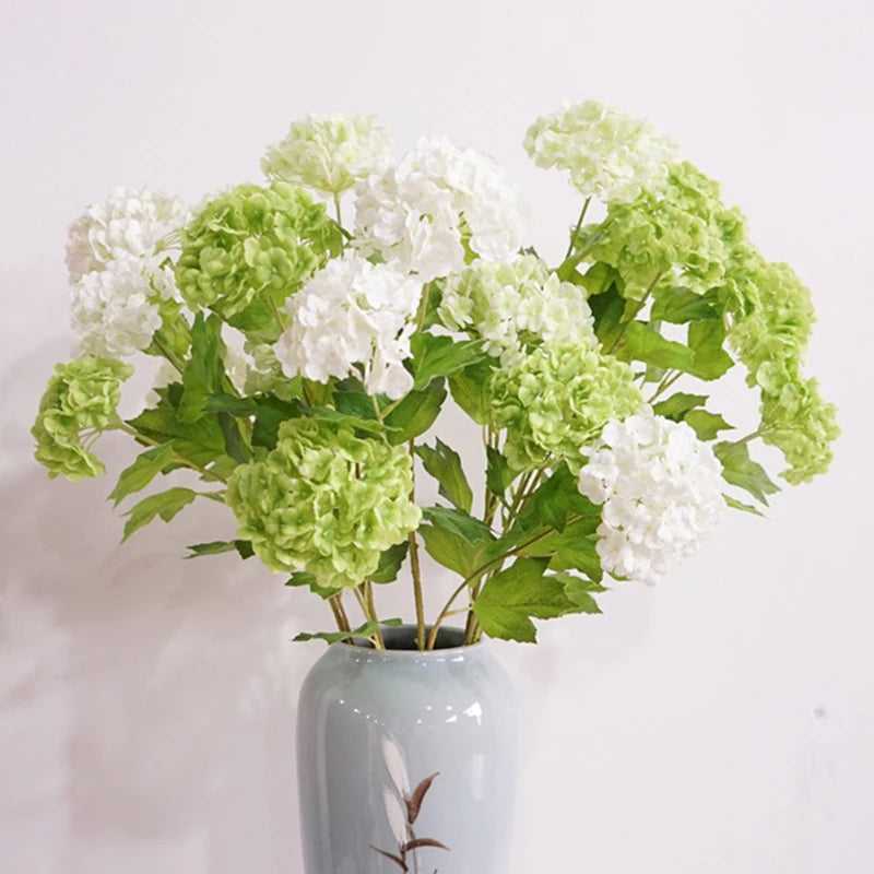 artificial flowers real touch hydrangea branch, 3 heads with green leaves, silk decoration for wedding, home, room, anniversaries, indoor event decor, elegant floral arrangement