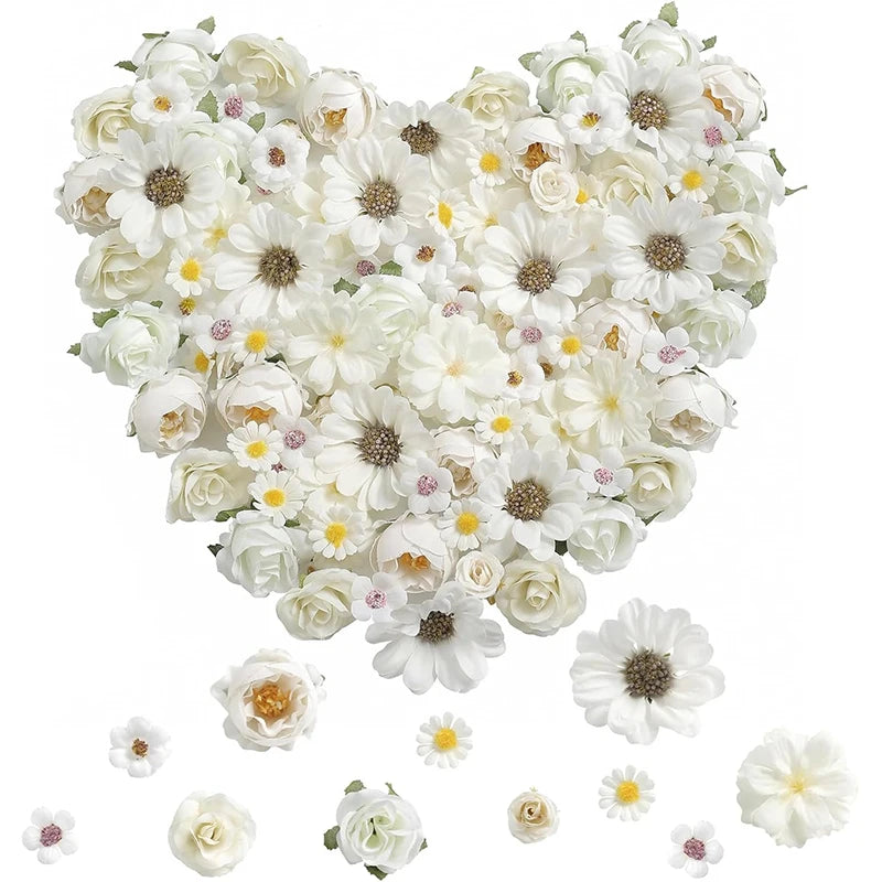50pcs mini silk artificial daisy peony rose flower heads for home decor, wedding, craft, wreaths, party, diy projects, indoor decorations, gifts
