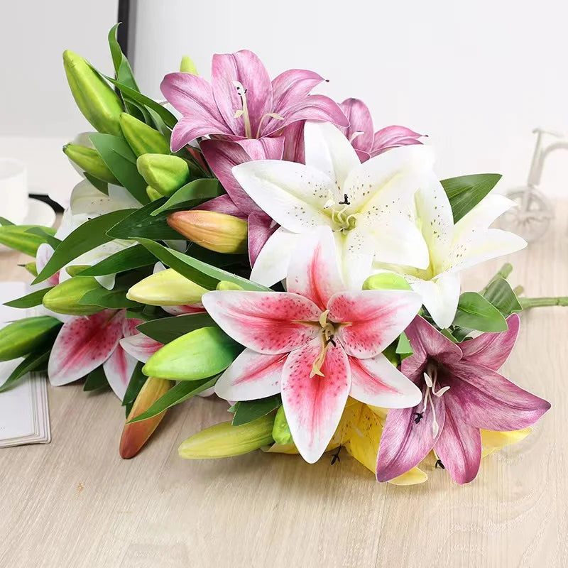 artificial lily flowers 3 heads, real touch plastic, white pink purple, wedding home party garden office indoor decor, 41cm long, 15cm bloom, floral arrangement