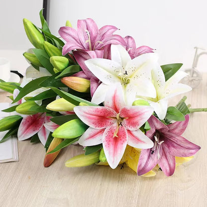Artificial Lily Flowers 3 Heads, Real Touch Plastic, White Pink Purple, Wedding Home Party Garden Office Indoor Decor, 41CM Long, 15CM Bloom, Floral Arrangement