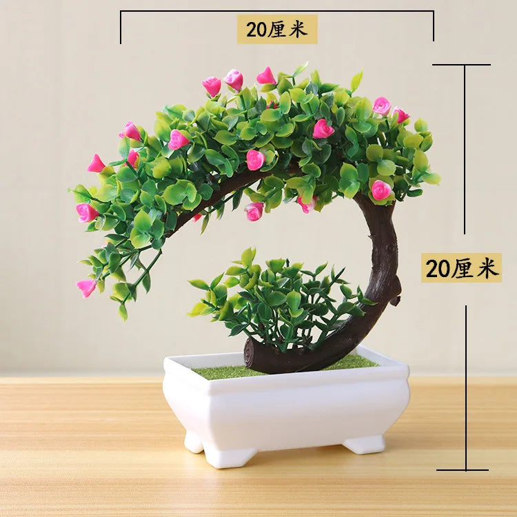 artificial bonsai tree decorative plant, plastic fake flowers with pot, desktop ornament for home, office, hotel, garden, anniversary, and exhibition use