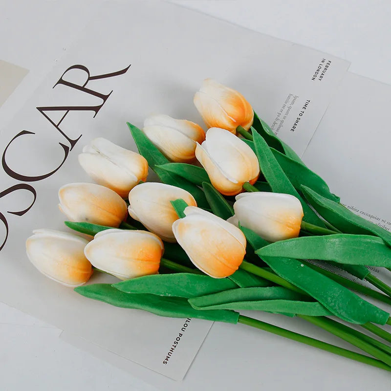 artificial white tulips bouquet, pe silicone realistic fake flowers for home decor, bridal showers, valentine's gifts, weddings, indoor arrangements