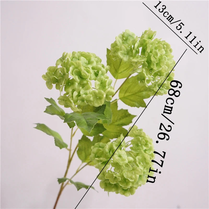 artificial flowers real touch hydrangea branch, 3 heads with green leaves, silk decoration for wedding, home, room, anniversaries, indoor event decor, elegant floral arrangement