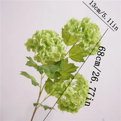 Artificial Flowers Real Touch Hydrangea Branch, 3 Heads with Green Leaves, Silk Decoration for Wedding, Home, Room, Anniversaries, Indoor Event Decor, Elegant Floral Arrangement