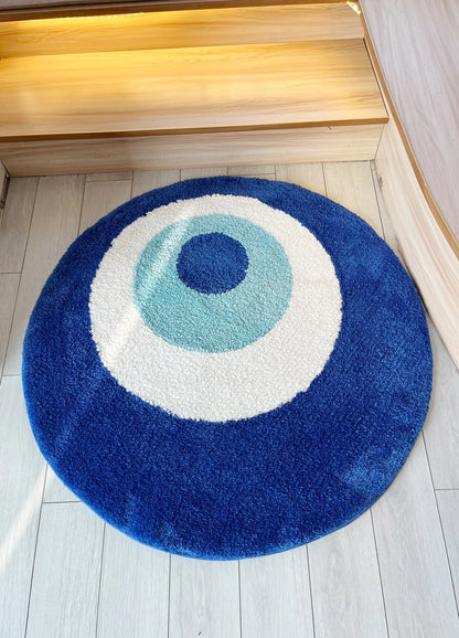Blue Evil Eyes Circular Tufted Rug Tufting Bedroom Mat Geometric Living Room Carpet Floor Tidy Foot Pad Bedside Doormat Soft Non-Slip Area Rug for Home Decor