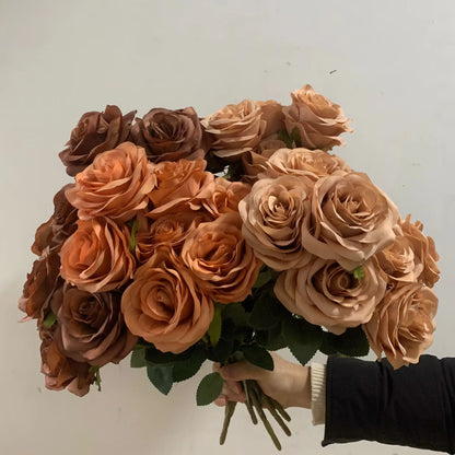 Artificial Roses Bouquet, Silk Flowers for Home Decor, Wedding, Anniversaries, Coffee Brown, Indoor Events, Elegant Floral Arrangement, Perfect Gift for Special Occasions
